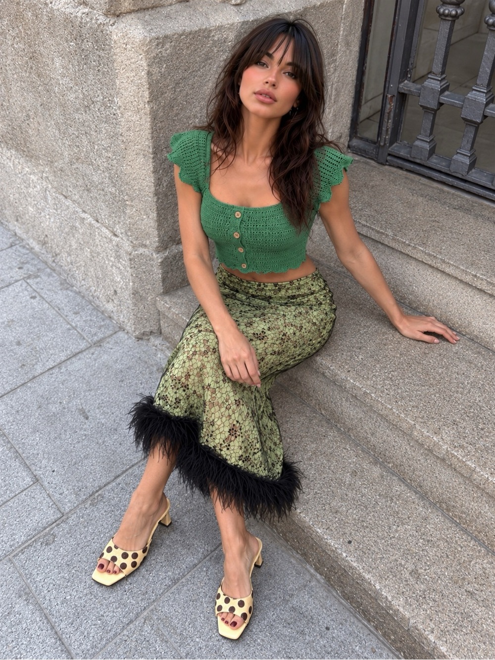Forever 21 Green Crochet Button Front Cropped Knit Top